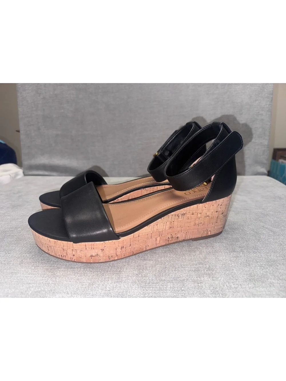 Franco Sarto Black Cork Wedge Sandals Ankle Strap Women’s Size 10 NWOT